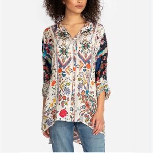 Johnny Was Miya Shirt Blouse Tunic Top Button Front Floral Mixed Print Georgette